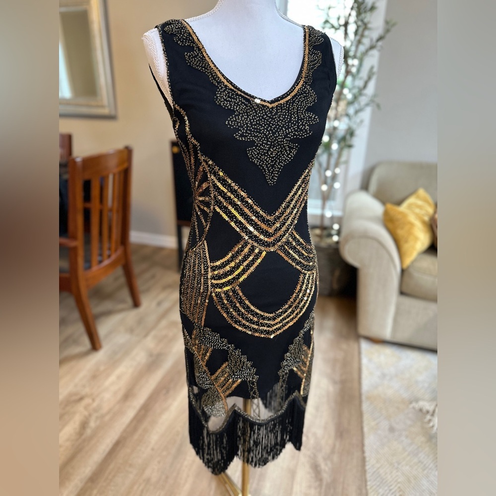 Embellished Black & Gold Midi Dress
